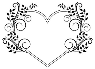 Heart-shaped black and white frame with floral silhouettes. Vector clip art.