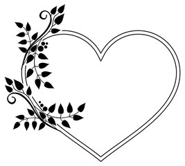 Heart-shaped black and white frame with floral silhouettes. Vector clip art.