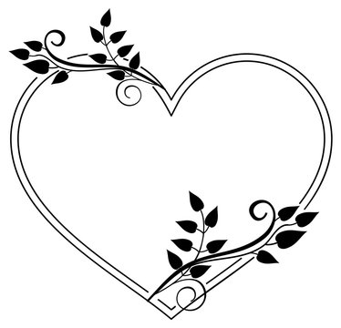 Heart-shaped black and white frame with floral silhouettes. Vector clip art.