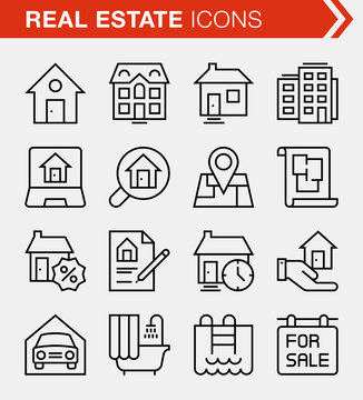 Set of pixel perfect real estate icons for mobile apps and web design.