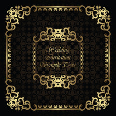 Wedding invitation on seamless background. Vintage frame in gold. Original design