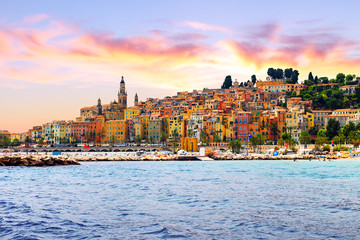Colorful old town Menton on french Riviera - obrazy, fototapety, plakaty