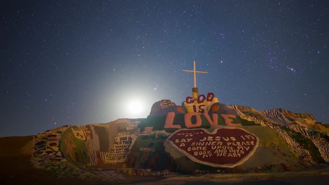 Astro Timelapse of Moonrise over Famous Painted Mountain in Slab City -Pan Right