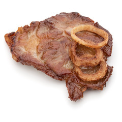 Cooked fried pork meat with onion slices garnish isolated on white background cutout