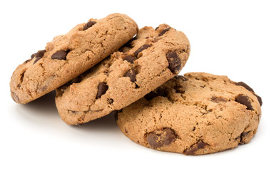 Three Chocolate chip cookies isolated on white background. Sweet biscuits. Homemade pastry.