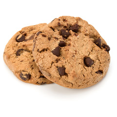 Two Chocolate chip cookies isolated on white background. Sweet biscuits. Homemade pastry.