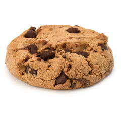 One Chocolate chip cookie isolated on white background. Sweet biscuit. Homemade pastry.