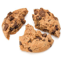 One broken Chocolate chip cookie isolated on white background. Sweet biscuit crumbs. Homemade pastry.