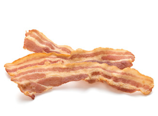 cooked crispy slices of bacon isolated on white background