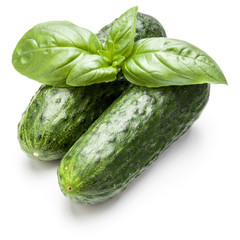 Cucumber vegetable and basil leaves isolated on white background cutout