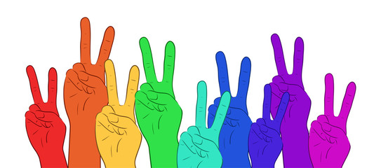 Illustration of multi colored rainbow hands, showing peace. Vector element for your creativity