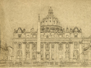 Grunge background with paper texture and landmarks of Italy - St. Peter Basilica. Vatican, Italy. Sketch style.