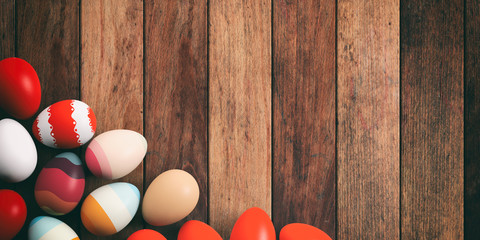 Easter eggs on wooden background. 3d illustration