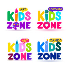 Kids zone logo. Art, karaoke, game set. Vector clip art illustration on a white background.