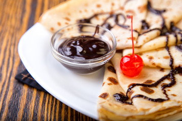Pancakes with chocolate sauce.selective focus.