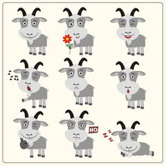 Funny little goat set in different poses. Collection isolated goat in cartoon style.
