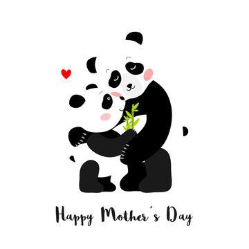 Mother Panda and baby, Mothers day greeting card, vector illustration