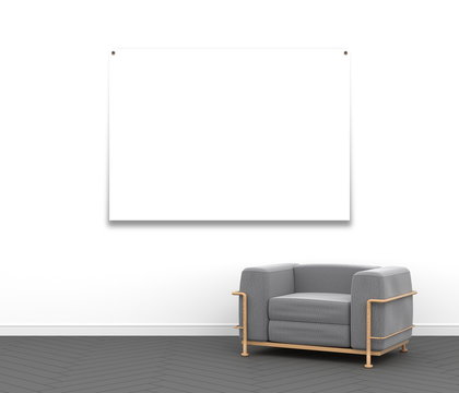 3d interior rendering of blank poster frame and gray textile armchair