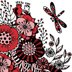 Romantic background with dragonfly and flowers. Vector floral pattern in doodle style. Gentle, spring/summer floral background, wallpaper, ornamental template for design and decoration.