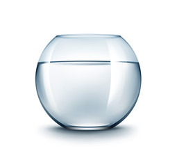 Vector Realistic Blue Transparent Shiny Glass Fishbowl Aquarium with Water without Fish Isolated on White Background