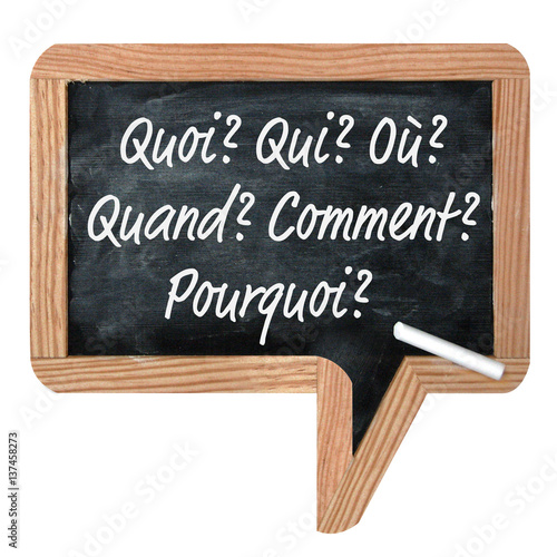 "Ardoise "quoi, qui, où, quand, comment, pourquoi ?"" Imagens e fotos