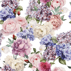 Seamless floral pattern with peonies, watercolor.