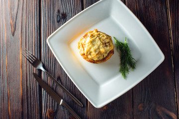 Julienne with chicken and mushrooms served with sour cream, parsley