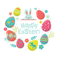 Easter holiday banner design with cute bunny and eggs decorations