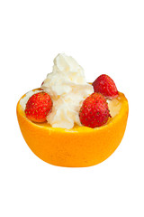 delicious homemade dessert with fruits and berries on white background