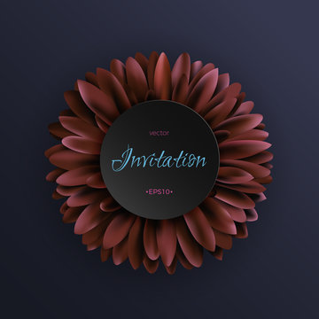 Dark red gerbera flower on dark blue background invitation template