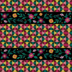 Embroidery ethnic floral seamless pattern with colorful squares.
