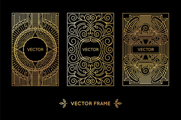 Vector set of design elements, labels and frames for packaging for luxury products in trendy linear style