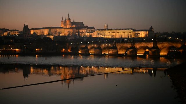 sunse over the Prague castle and Charles bridge, Prague, Bohemia, Czech republic, Europe