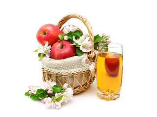 apples and glass of apple juice on white background