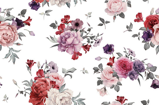 Seamless floral pattern with roses, watercolor. 
