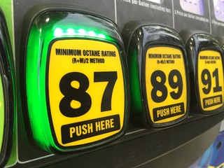 Gasoline octane selection buttons at a typical self service gas station. Regular unleaded 87 octane...