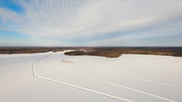 The field covered with snow in a winter season. Aerial view: Winter landscape countryside, forest, field. Winter landscape, field, forest, trees covered with frost snow Aerial footage 4K video