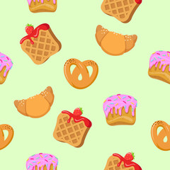 Seamless Pattern with Croissants, Wafers, Cupcakes