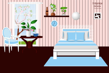 The interior of the bedroom. A cozy room with a bed. Vector illustration. Cartoon.