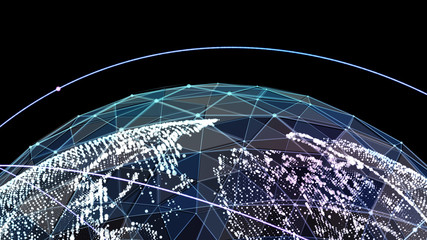 3D illuminated distorted sphere of glowing particles and wireframe. Technology digital splash or explosion concept. 3d illustration