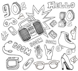 Hello 80s,90s. Retro elements,boombox,cassete, rollers, glasses,Cassette Player,gumshoes. Doodle vintage design items.Vector Illustration