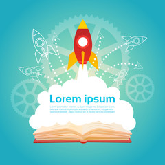 Open Book Space Rocket Business Startup Education Knowledge Concept Flat Vector Illustration