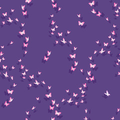 Seamless pattern with many glow pink butterflies. Illustration in violet colors for decorations and background.