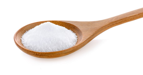 Fototapeta na wymiar Salt in wooden spoon on white background
