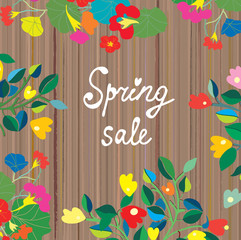 Spring sale banner, floral design on the wooden texture