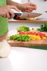 Close up of  woman's hands cooking in the kitchen. Housewife slicing ​​fresh salad. Vegetarian and healthily cooking concept