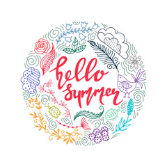 hand drawn summer themed phrases. Modern style lettering. Hello Summer.