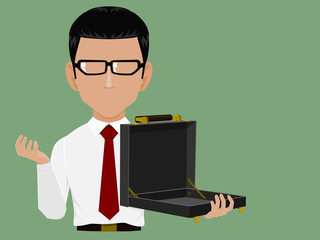 Info Graphic Businessman holding an empty bag,It's the good material. You can put every thing in to the empty bag and his hand

