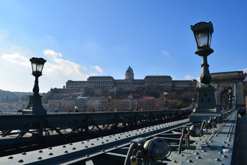 Fototapeta na wymiar Budapest Blick von der Kettenbrücke (Elisabeth Bridge) auf den Burgpalast