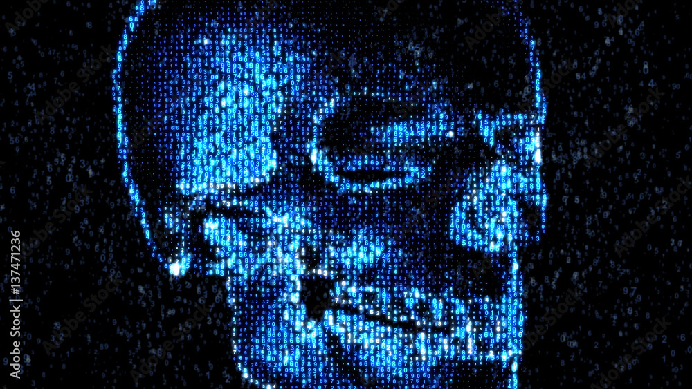 Poster danger in the internet. malicious code hacker. skull